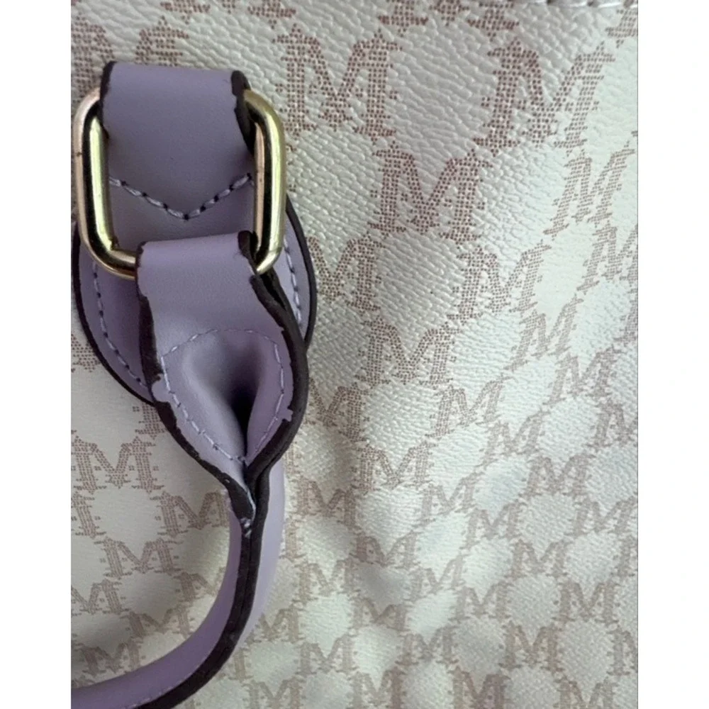 Mia K Farrow Collection Monogram Tote Bag Cream Lavender Purple Tan M Logo Large